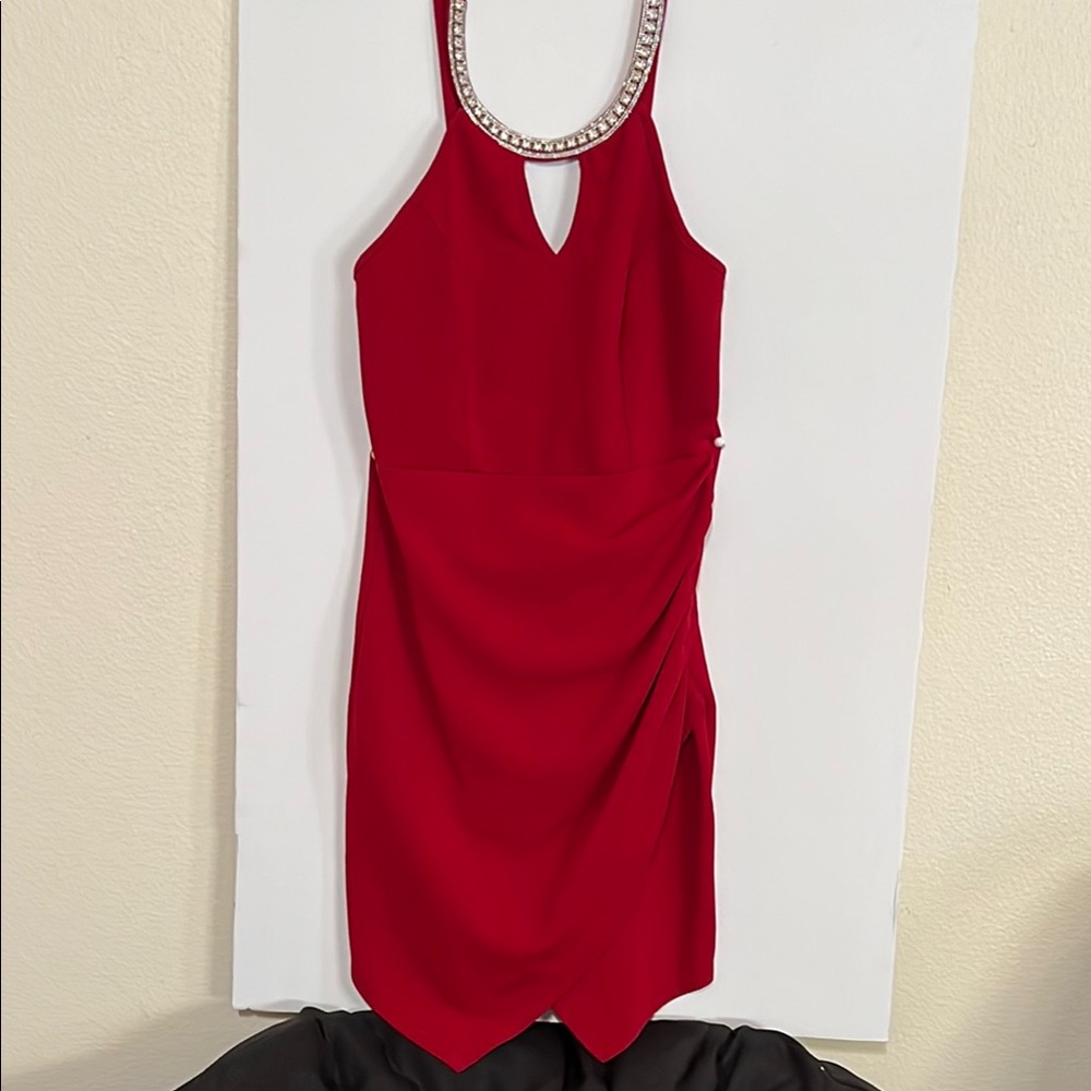 Papaya Red Ruched Halter Sheath Dress